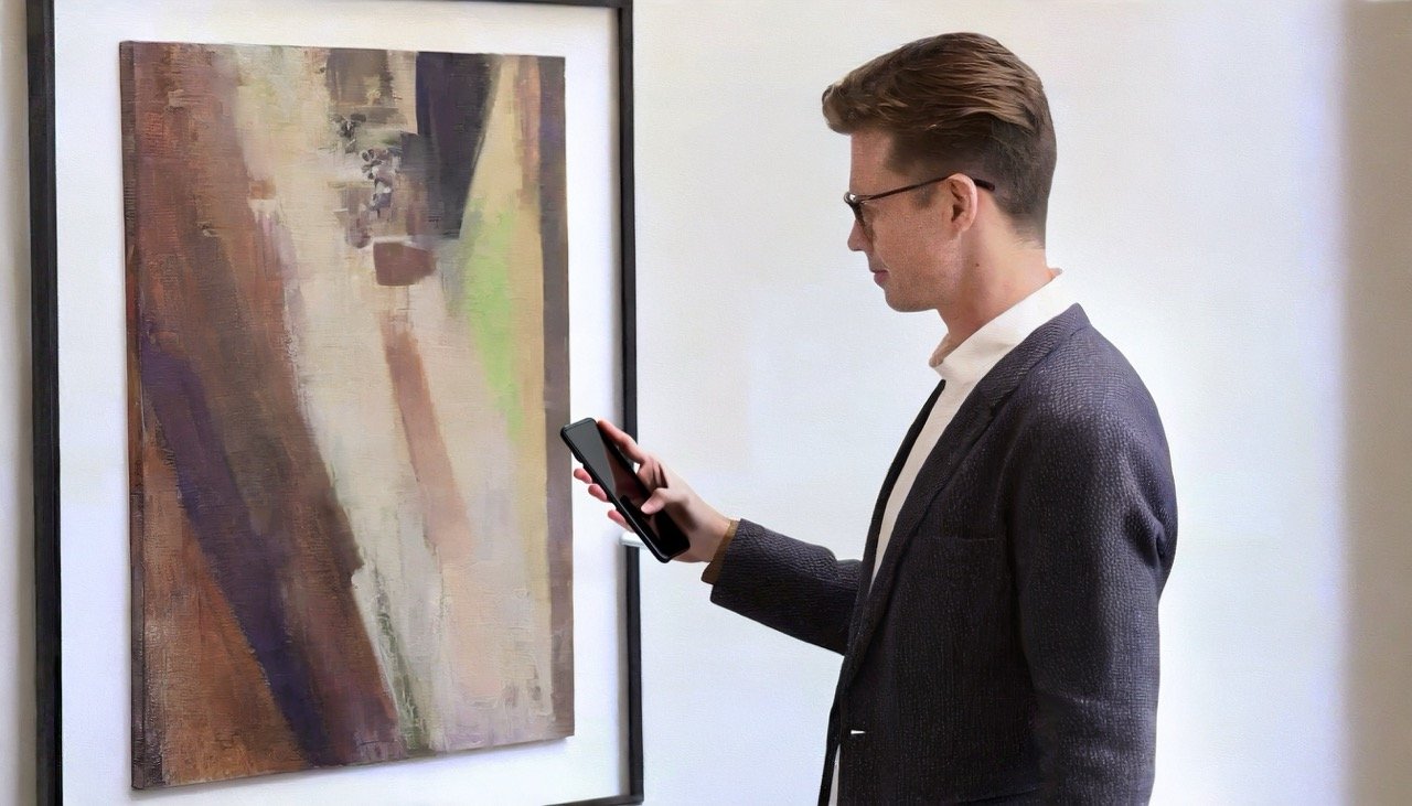 Visitor scanning a QR code next to a painting in a museum