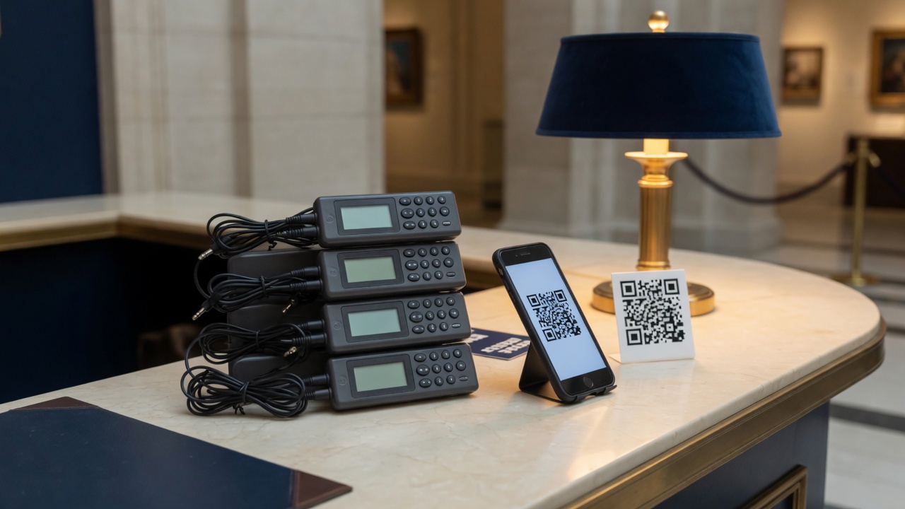 Handheld museum audio players next to a smartphone and a QR stand on a gallery desk