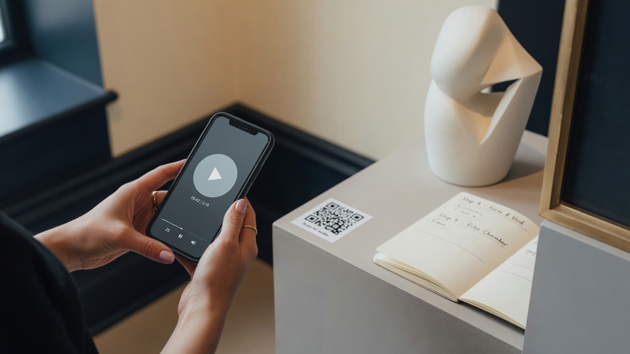 Smartphone and printed QR code beside a notebook of tour stops in a gallery