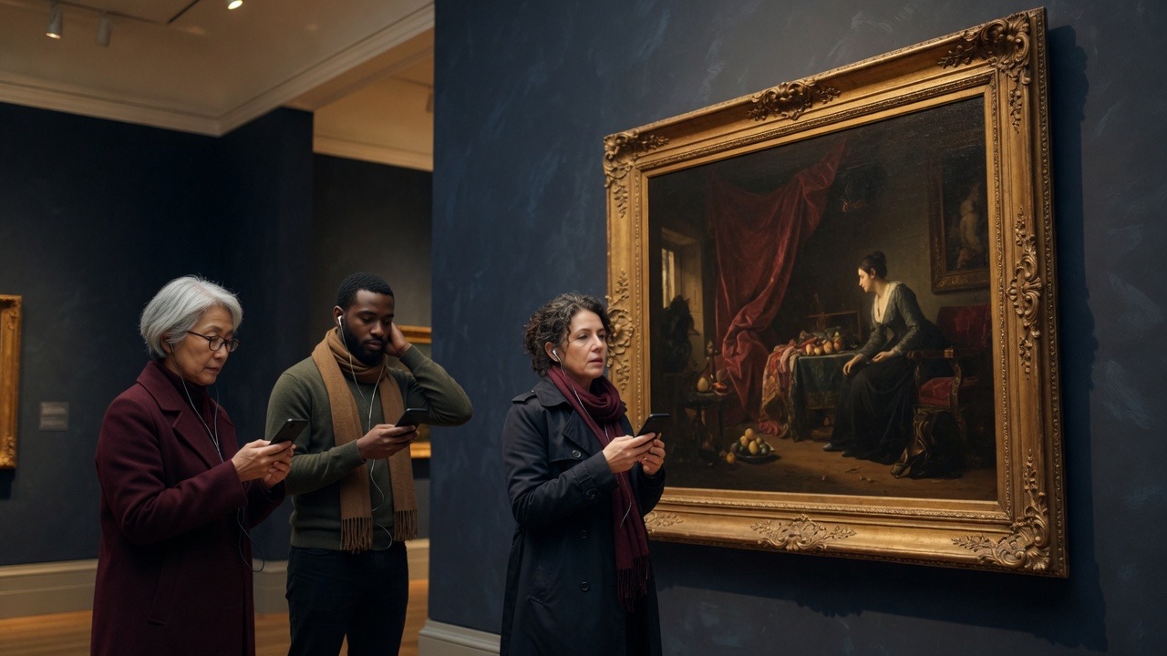 Three visitors with earphones listening on their own phones in front of a gilt-framed painting